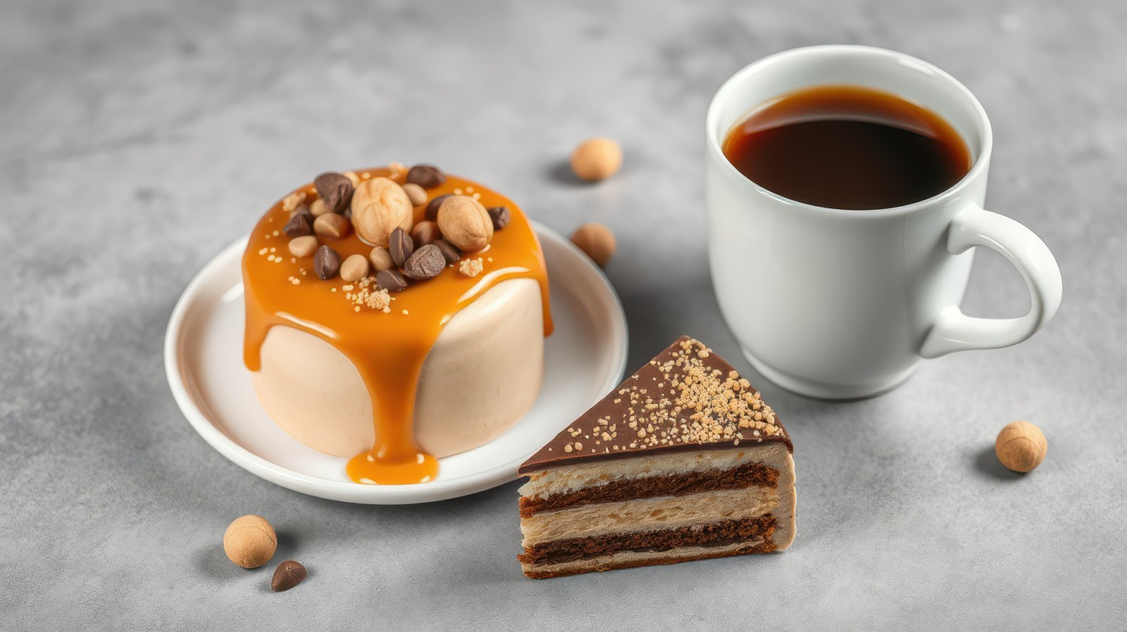 Delicious dessert display featuring creamy mousse and chocolate cake paired with a cup of coffee
